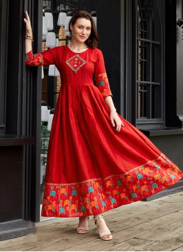 Cotton Printed Casual Kurti in Red