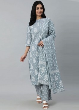 Cotton Printed Grey Readymade Salwar Suit