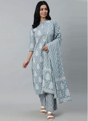 Cotton Printed Grey Readymade Salwar Suit