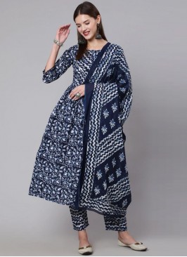 Cotton Printed Navy Blue Readymade Salwar Kameez