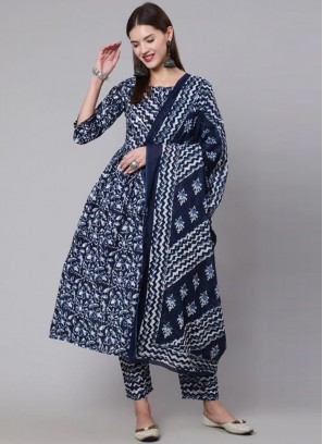 Cotton Printed Navy Blue Readymade Salwar Kameez