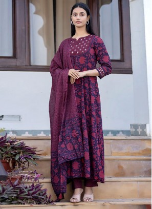 Cotton Printed Readymade Salwar Suit in Magenta and Navy Blue