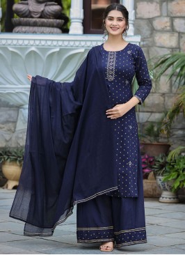 Cotton Printed Straight Salwar Kameez in Navy Blue