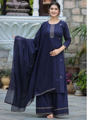 Cotton Printed Straight Salwar Kameez in Navy Blue