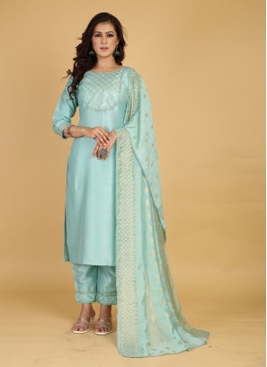 Cotton Silk Aqua Blue Embroidered Trendy Salwar Suit