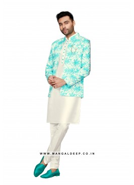 Cotton Silk Men's Nehru Jacket Set With Batik Print