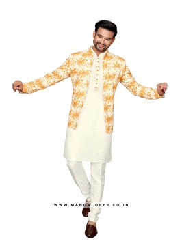 Cotton Silk Men's Nehru Jacket Set With Batik Prin