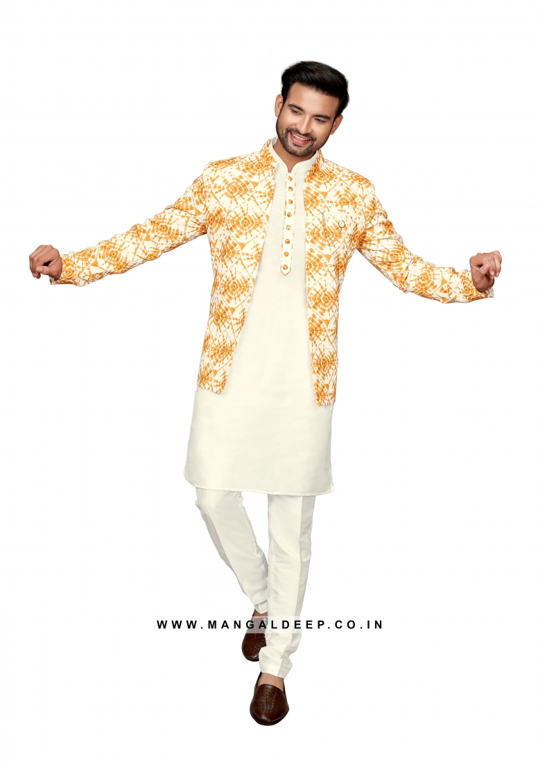 Cotton Silk Men's Nehru Jacket Set With Batik Print
