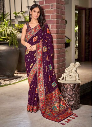 Cotton Silk Purple Woven Contemporary Style Saree