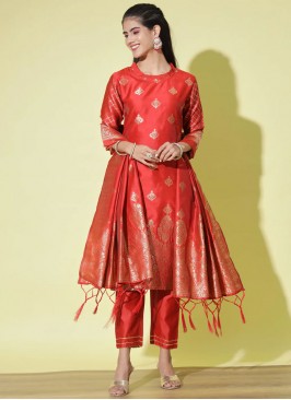 Cotton Silk Red Woven Pant Style Suit
