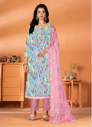 Cotton Straight Suit in Aqua Blue