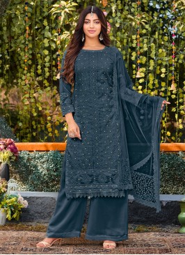 Cotton Thread Work Palazzo Salwar Suit in Navy Blue