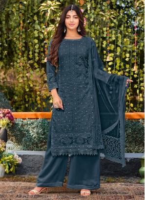 Cotton Thread Work Palazzo Salwar Suit in Navy Blue