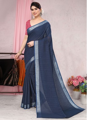 Cotton Zari Classic Saree in Navy Blue