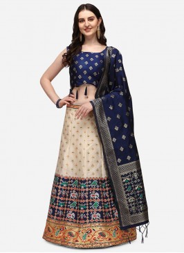 Cream And Blue Color Art Silk Lehenga Choli