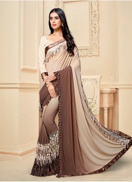 Cream And Brown Color Ruffle Saree