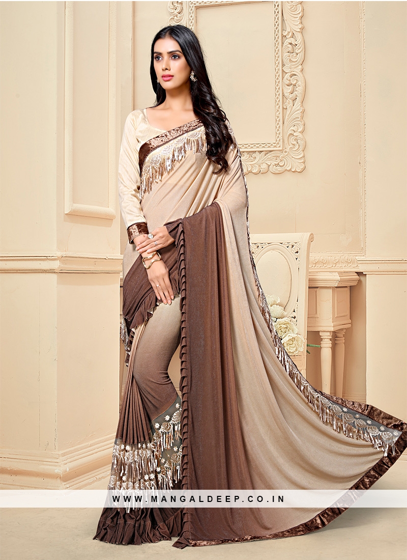 Cream And Brown Color Ruffle Saree