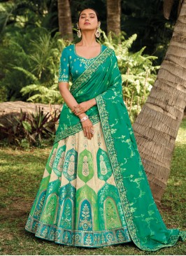 Cream and Green Banarasi Silk Embroidered Trendy Lehenga Choli