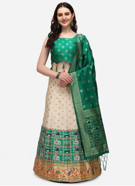 Cream And Green Color Art Silk Lehenga Choli