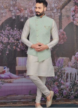 Cream And Green Color Mens Kurta Jacket