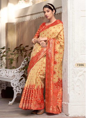 Cream And Orange Color Silk Saree