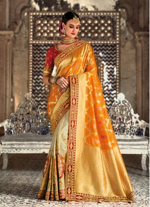 Cream and Orange Wedding Silk Shaded Saree