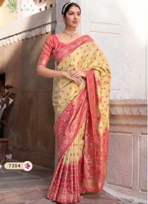 Cream And Peach Color Silk Saree