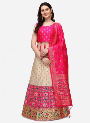 Cream And Pink Color Art Silk Festive Wear Lehenga