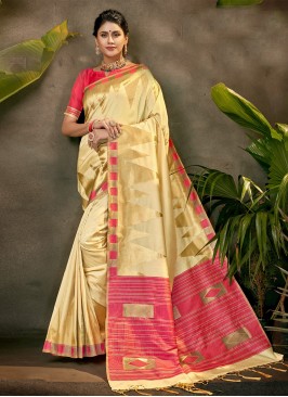 Cream and Pink Silk Mehndi Saree