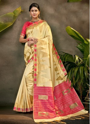 Cream and Pink Silk Mehndi Saree