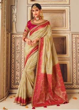 Cream and Pink Wedding Designer Saree