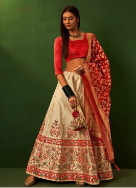 Cream and Red Color A Line Lehenga Choli