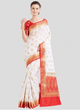 Cream And Red Color Silk Saree