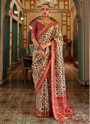 Cream and Red Patola Silk  Trendy Saree