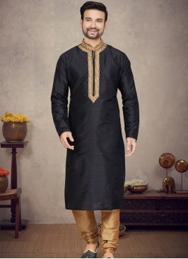 Black Art Silk Kurta with Chikoo Churidar Bottoms.