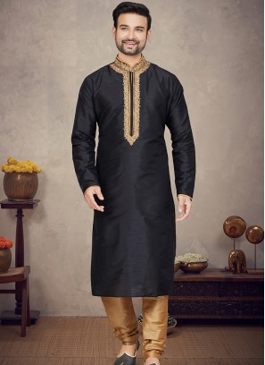 Black Art Silk Kurta with Chikoo Churidar Bottoms.