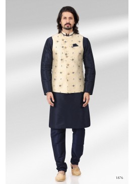 Cream Banarasi Silk Kurta Set with Nehru Jacket