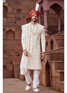 Cream classical embroidery sherwani