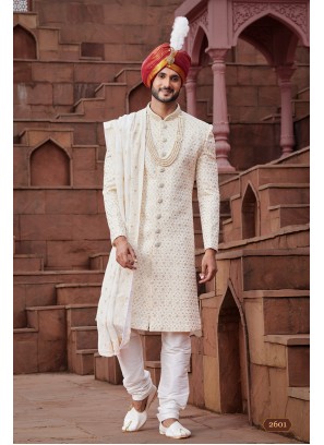 Cream classical embroidery sherwani