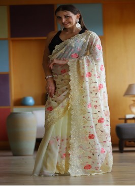 Cream Color Applique Flower Saree