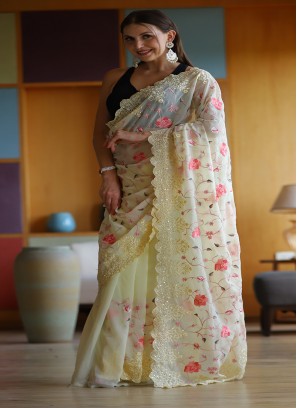 Cream Color Applique Flower Saree