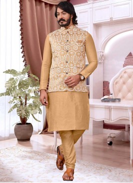 Cream Color Art Silk Mens Kurta Jacket Set