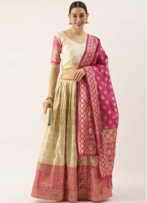 Cream Color Banarasi Silk Mehndi Wear Lehenga