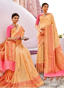 Cream Color Banarasi Silk Party Wear Saree