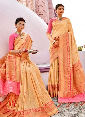 Cream Color Banarasi Silk Party Wear Saree