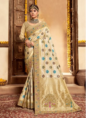 Cream Color Banarasi Silk Saree