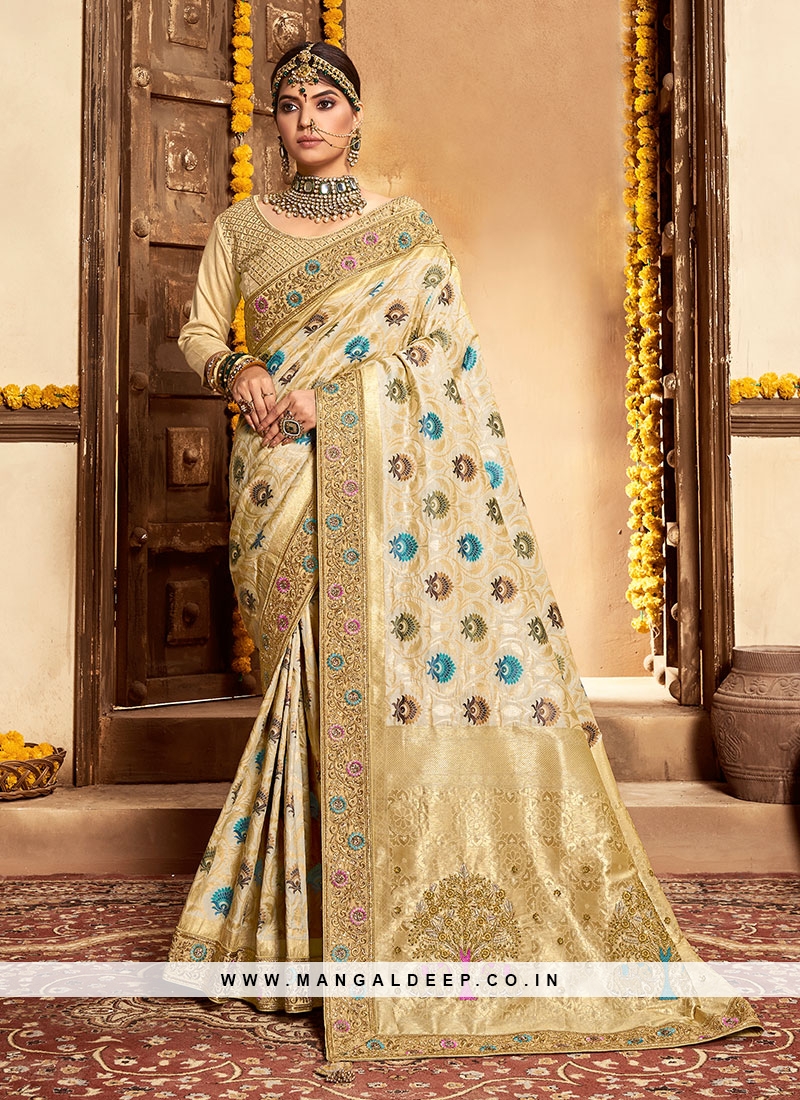 Cream Color Banarasi Silk Saree