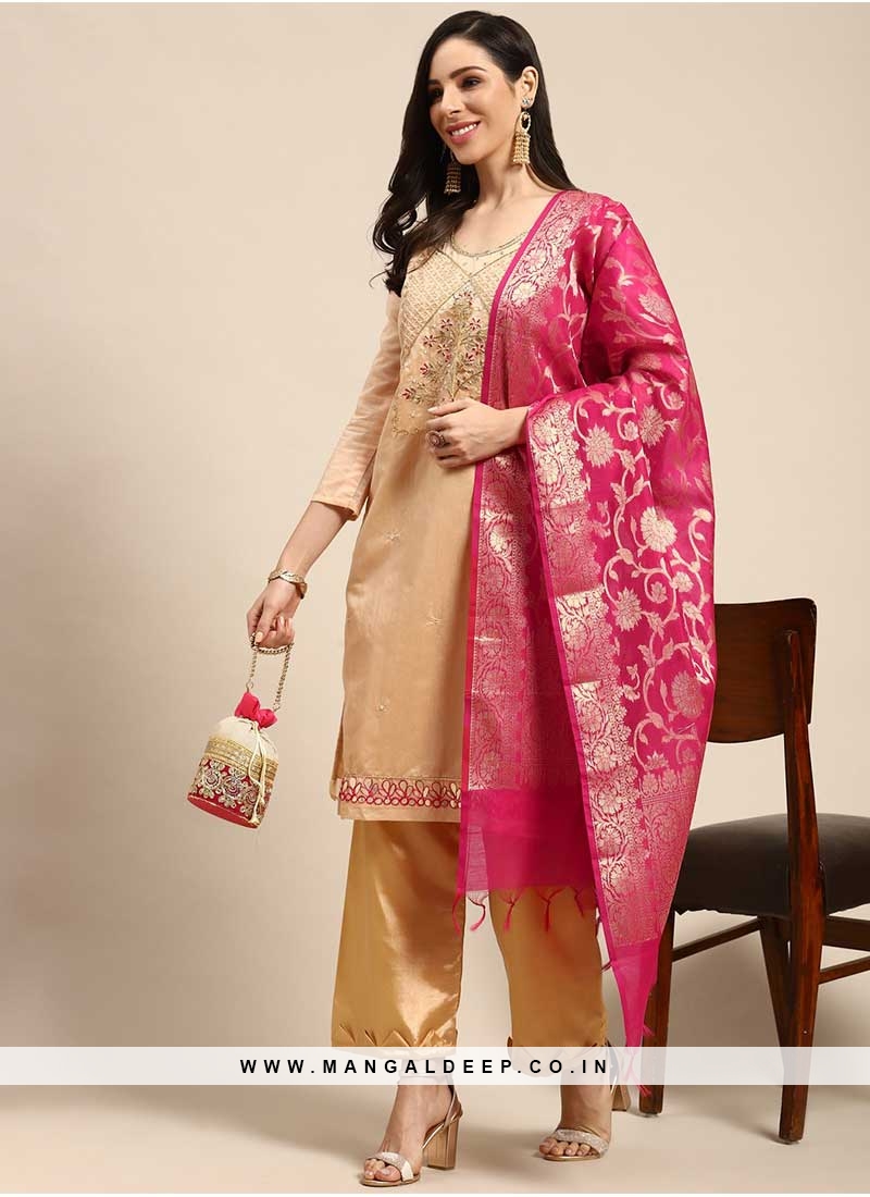 Pink Color Chanderi Dress Material