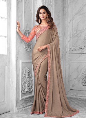 Cream Color Chiffon Embroidered Saree