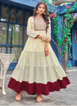 Cream Color Cotton Embroidered Daily Wear Gown